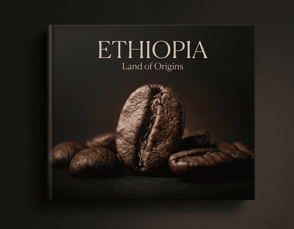 Ethiopia: Land of Origins — the cover of the volume, a single roasted coffee bean lit against black